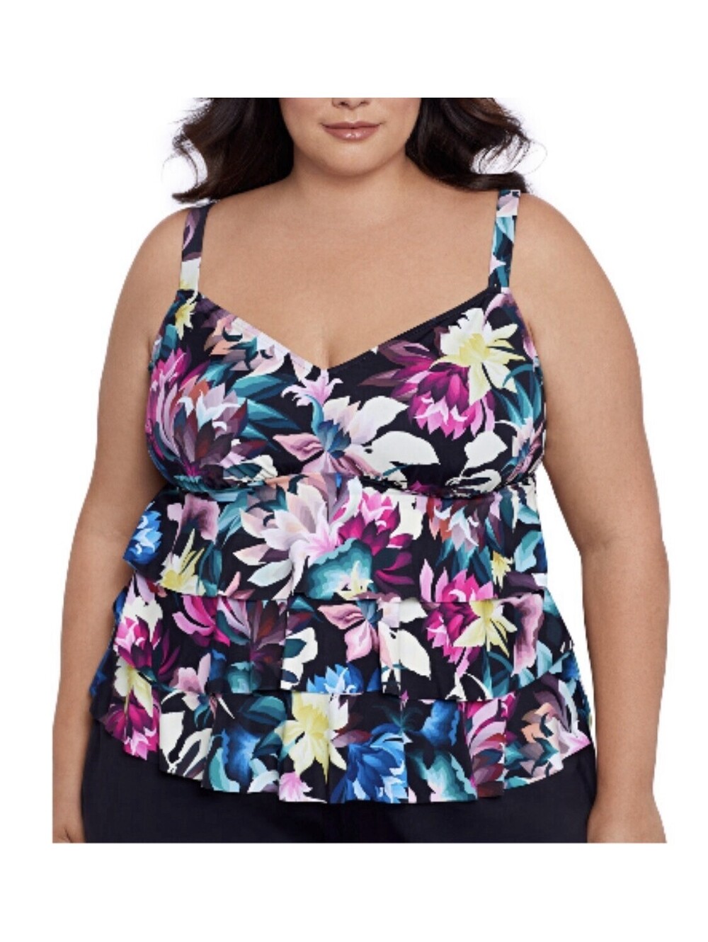 Swim Solutions Plus Size Floral-Print Tiered Tankini Top, 18W